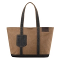 Borsa tote in tela marrone con manici grigio scuro ed etichetta logo KVKY in pelle vintage - caffè