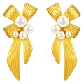 Elegant gold bow earrings with white pearls and brushed metal texture on white background - Ribbon Bow Pearl Decoration (MS-620)