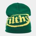 Detailed view of dark green jacquard knit beanie featuring yellow filthy lettering text - Green