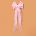 Pink tulle bow hair clip with elegant long streamers and white pearls detail - Mesh Pearl Bow / Pink