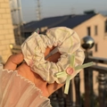 Floral scrunchie in light beige with green ribbon bow and pink button detail - Green Pink Plaid Scrunchie with Green Bow and Pink Button