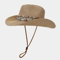 Detail of bohemian straw sun hat with woven ethnic band and seashell starfish pendants - Two-tone Khaki