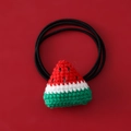 Detailed macro of handmade crochet watermelon hair tie with high elastic band for girls - Triangle Watermelon