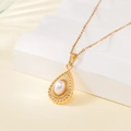Vintage stainless steel pearl pendant necklace with a radiant gold sunburst frame - Sunburst Water Drop Pearl Style (137516)