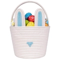 Off-white cotton rope woven Easter bunny basket with light blue ears and eggs - With Handle / Blue White
