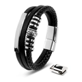 Men's leather bracelet in black woven style with silver totem charm and magnetic clasp - Three-layer Curved Tube Ring / Steel