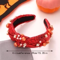 Detail of red Halloween headband with spider web pattern, pearls and 39cm circumference - Style H-Red Rhinestone Pearl Spider Web