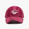 Distressed dark red cotton baseball cap featuring vintage letter embroidery and torn holes - Burgundy