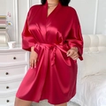 Elegante albornoz de satén rojo con cinturón, ropa de dormir de lujo para mujer - 1XL / Rojo