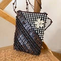 Mini borsa bohémien in guscio di cocco con motivi floreali e perline etniche intrecciate - Collana-Caffè-Fiore Bianco