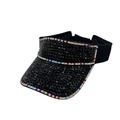 Visière de soleil noire élégante avec strass brillants et bordure perlée colorée - Taille unique / Noir