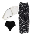 Three-piece bikini set with white off-shoulder top and black polka dot wrap skirt - S / Split Set (White Ruffle Top + Black Bottom + Polka Dot Skirt)