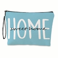 Sky blue makeup bag with white HOME sweet home print and black wristlet strap - HOME Lettering Light Blue Style (xy-008-01) / With Strap