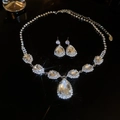 Macro detail of luxury water-drop diamond necklace and earrings jewelry set - Necklace & Earrings 2-Piece Set (S925 Silver Pin) / Silver