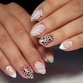 Almond-shaped press-on nails with leopard spots, silver glitter, and French tip designs - Black and White Leopard Glitter Almond Style (JP4078)