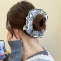 Oversized black and white gingham scrunchie with white lace trim for hair styling - Lace Edge Gingham Scrunchie