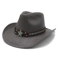 Gray straw cowboy hat with turquoise star badge and silver chain on brown band - M (56-58cm) / Black and Gray