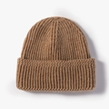 Thick ribbed knit beanie in dark camel color with a wide folded cuff for winter warmth - Camel