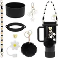 Detail view of flower-themed tumbler accessory set with daisy straw cover and charms - Black