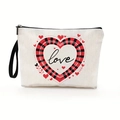 Borsa da trucco in tela color crema con cuore scozzese rosso e cinturino da polso - Cuore a Quadri Rosso e Nero