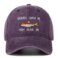 Detail of embroidered fish motif and funny text on purple washed cotton baseball cap - Purple
