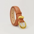 Chic women's brown leather belt with elegant golden oval alloy buckle in rolled view - Camel