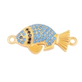 Golden fish charm with blue zircon stones and dual connector loops for jewelry making - Gold Fish with Blue Zirconia (L0597-A)