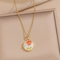 Collana dorata con pendente tondo bianco decorato con fiore rosso e perla - Fiore ape rotondo - Bianco (A14 Bianco)
