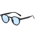 Retro round black frame sunglasses with light blue lenses and silver rivet accents - Glossy Black Frame Blue Lens