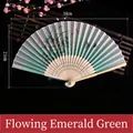 Green gradient Chinese silk folding fan with bamboo frame and plum blossom patterns - Flowing Greenery (Heat Transfer)