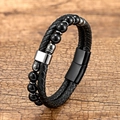 Men's double-layer braided leather bracelet with black beads and magnetic buckle on wood - 23CM / Black Style 8