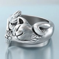 Anello regolabile in argento 925 con design creativo di un gatto che dorme - Gatto portafortuna / Aperto Regolabile / Argento Antico