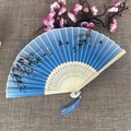 Blue gradient bamboo folding fan with plum blossoms, butterfly motifs and silk tassel - No.12 Blue Gradient Butterfly Plum