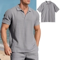 Men's grey linen short sleeve polo shirt and shorts set with breathable textured fabric - Light Gray