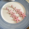 Detalle de los pendientes con borlas de estrella de mar de rafia rosa en plato cerámico - Rosa