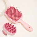 Pink massage hairbrush and hollow grid comb set for scalp care and hair styling - 2-Piece Set (Vented Brush + Scalp Massager) / Pink