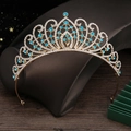 Detailed view of golden crown with blue crystals and rhinestones for weddings - Gold Plated Blue Zirconia