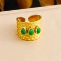 Retro hammered gold wide ring featuring three teardrop green stones in bohemian style - Wide Hammered Triple Green Gem Style (R511) / Adjustable Open