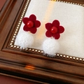 Detail of red flocked flower earrings with white plush balls on a vintage wood frame - Red Flower with White Pom Pom (Large)