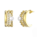 S925 sterling silver gold plated hoop earrings with white pearl and zircon accents - Golden Pearl Rhinestone Half Hoop Studs (GPE61)