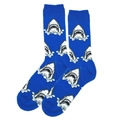 Detailed close-up of blue crew socks featuring a playful white and black shark pattern - 38-46 / Blue Shark Head (1448C)