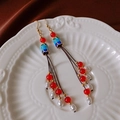 Elegant gold earrings with red beads, cloisonné details and white pearls on ceramic tray - Vintage Cloisonné Pearl Woven Tassel (37#)