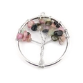 Detailed view of Tree of Life pendant with multicolor crystal stones and silver wire - 3cm / Silver + Tourmaline