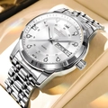 Silver men's quartz watch with date display and roman numerals in a beige gift box - Butterfly Back Style / Silver Band White Dial (Butterfly Clasp)