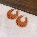 Brown leather-wrapped fan-shaped hoop earrings with gold-plated metal accents - Gold Coffee - Small