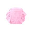 Detail der rosa Kordelzug-Kosmetiktasche aus Satin mit sicherem Klappenverschluss - Satin-Nylon / Rosa
