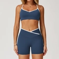 Dunkelblaues Yoga-Set mit hohem Bund, weißem Kontrastbesatz und gekreuztem V-Taille-Design - S / Wappenblau (BH+Shorts)