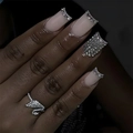 French nude pink press-on nails with full crystal rhinestone accents and swan ring - Shein Jelly Glue + File / DZ391-X Square Tip with Rhinestones