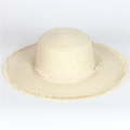 Close-up of beige straw hat with delicate lace trim and trendy frayed edge texture - Beige With Beige Lace