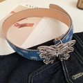 Blue denim belt featuring metallic bead trim and a decorative silver butterfly buckle - 44# Waist Chain - Blue